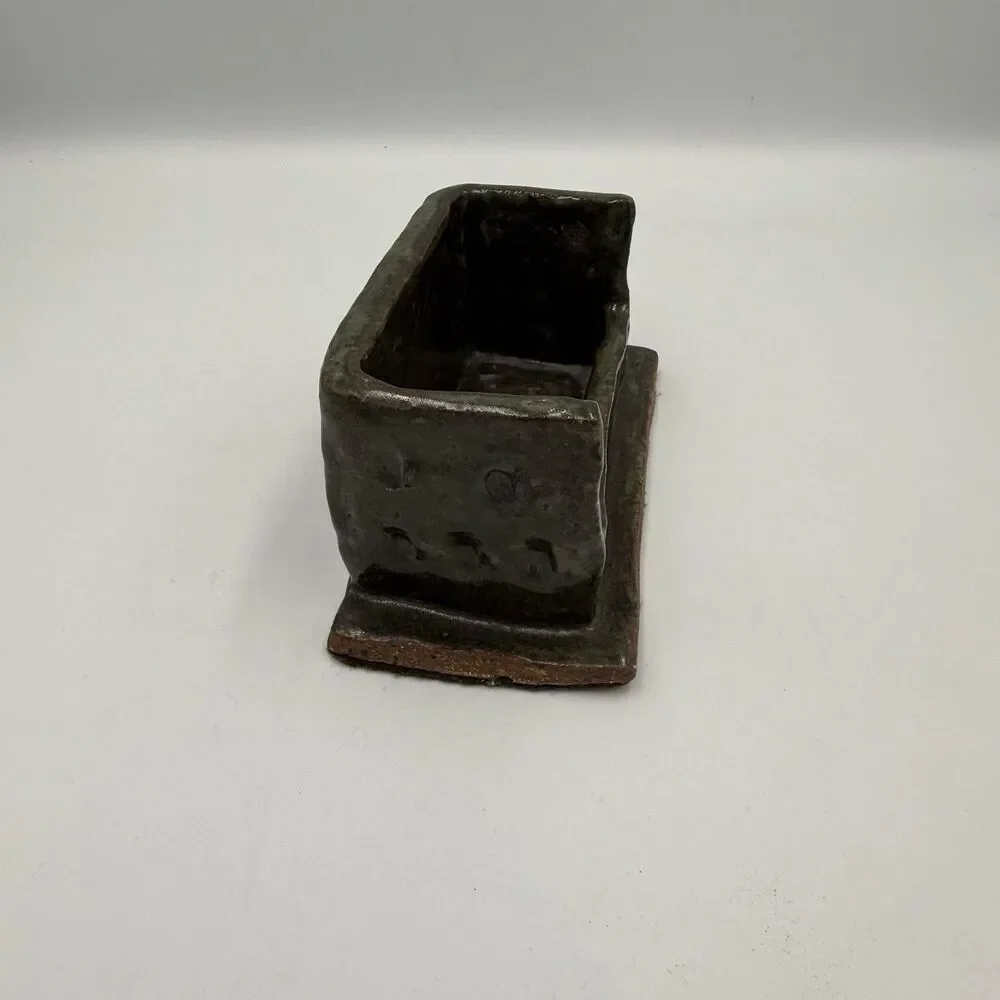 Handmade Studio Pottery Ceramic Business Card Holder Desk Organizer Green Glaze